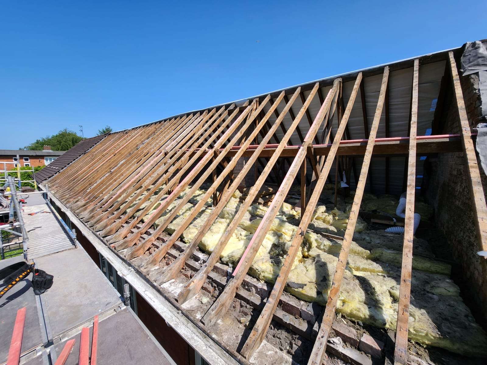 Roof stripped back to the rafters for inspection during a Preston re-roof